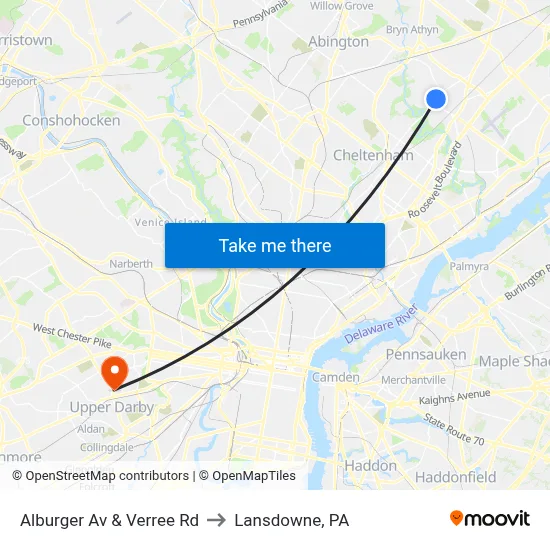 Alburger Av & Verree Rd to Lansdowne, PA map