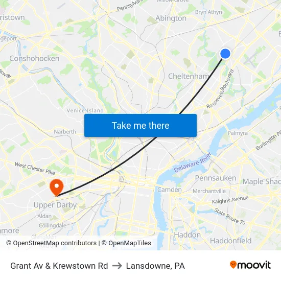 Grant Av & Krewstown Rd to Lansdowne, PA map