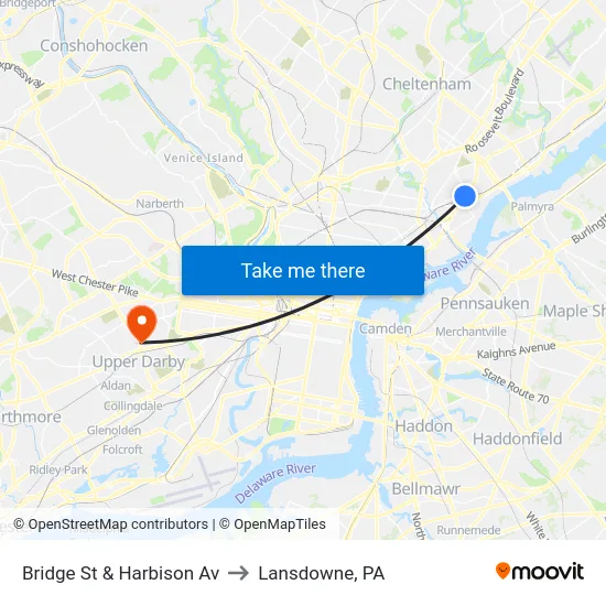 Bridge St & Harbison Av to Lansdowne, PA map