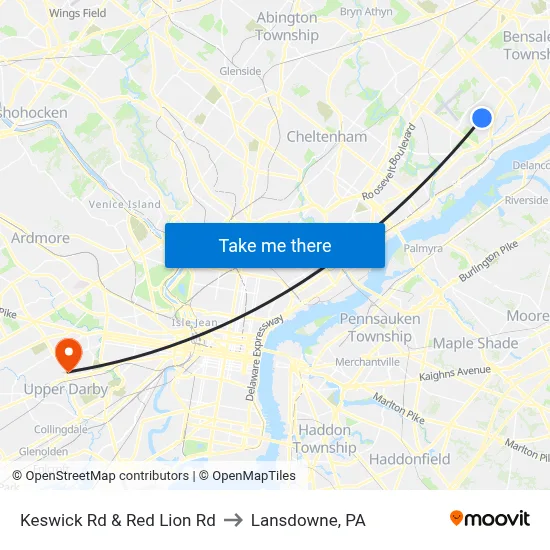 Keswick Rd & Red Lion Rd to Lansdowne, PA map