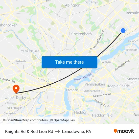 Knights Rd & Red Lion Rd to Lansdowne, PA map