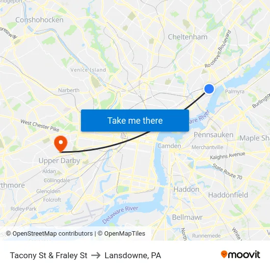 Tacony St & Fraley St to Lansdowne, PA map