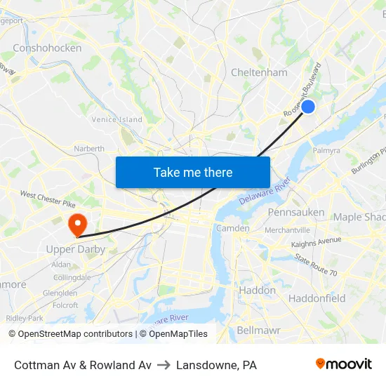Cottman Av & Rowland Av to Lansdowne, PA map