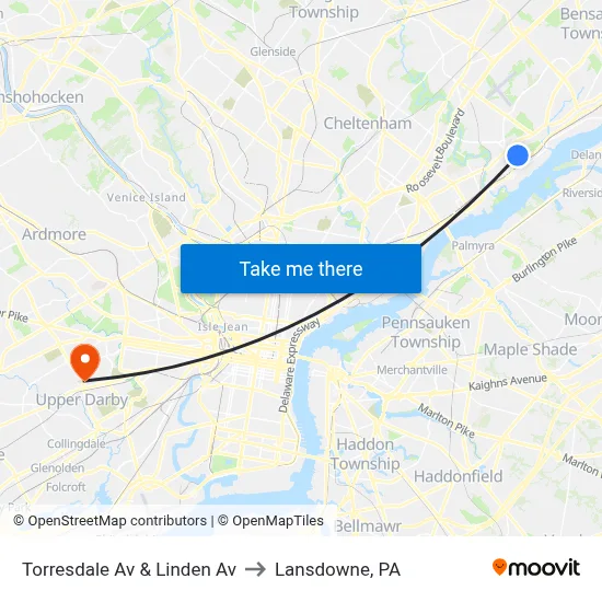 Torresdale Av & Linden Av to Lansdowne, PA map