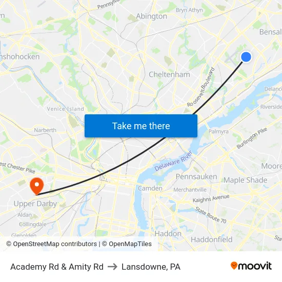 Academy Rd & Amity Rd to Lansdowne, PA map