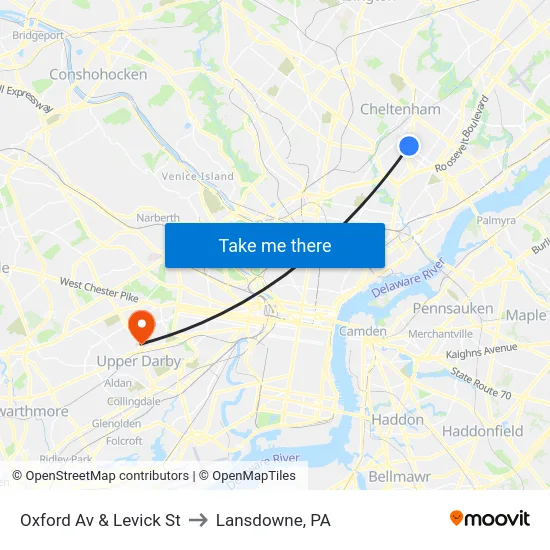 Oxford Av & Levick St to Lansdowne, PA map