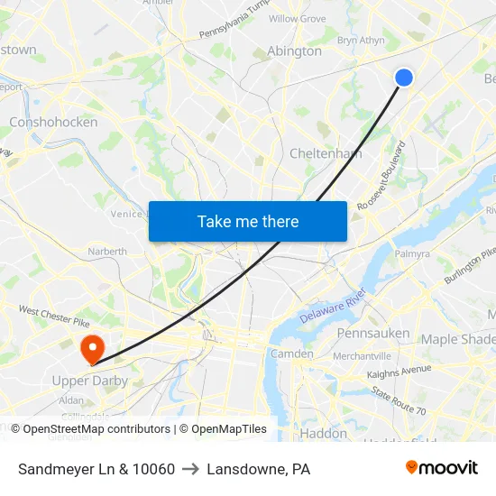 Sandmeyer Ln & 10060 to Lansdowne, PA map