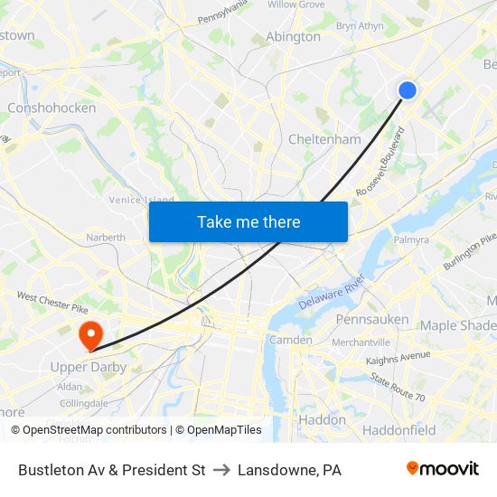 Bustleton Av & President St to Lansdowne, PA map