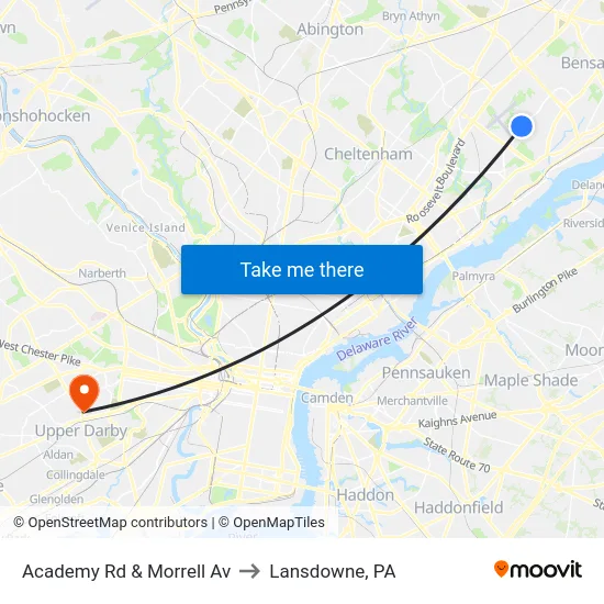 Academy Rd & Morrell Av to Lansdowne, PA map