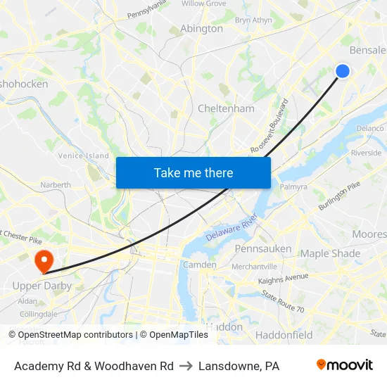 Academy Rd & Woodhaven Rd to Lansdowne, PA map