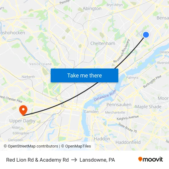 Red Lion Rd & Academy Rd to Lansdowne, PA map