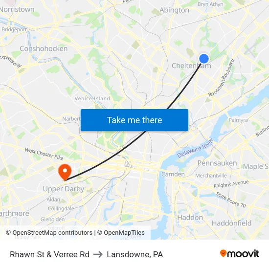 Rhawn St & Verree Rd to Lansdowne, PA map