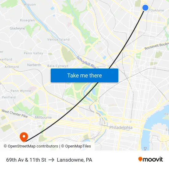 69th Av & 11th St to Lansdowne, PA map