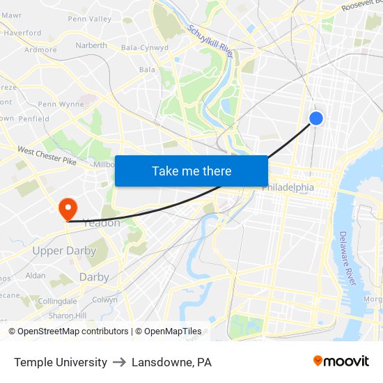 Temple University to Lansdowne, PA map