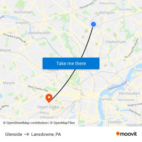 Glenside to Lansdowne, PA map