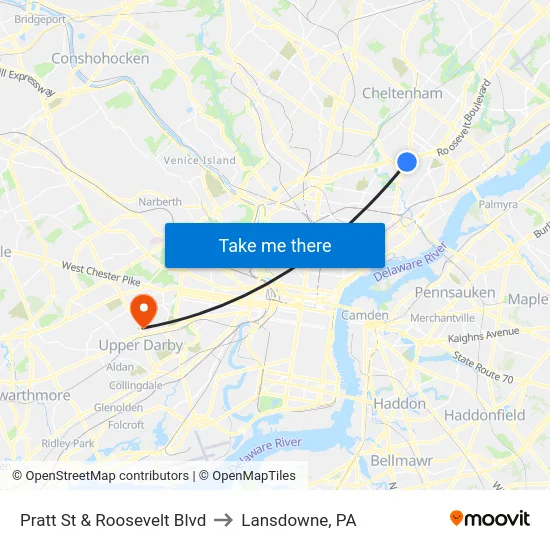 Pratt St & Roosevelt Blvd to Lansdowne, PA map