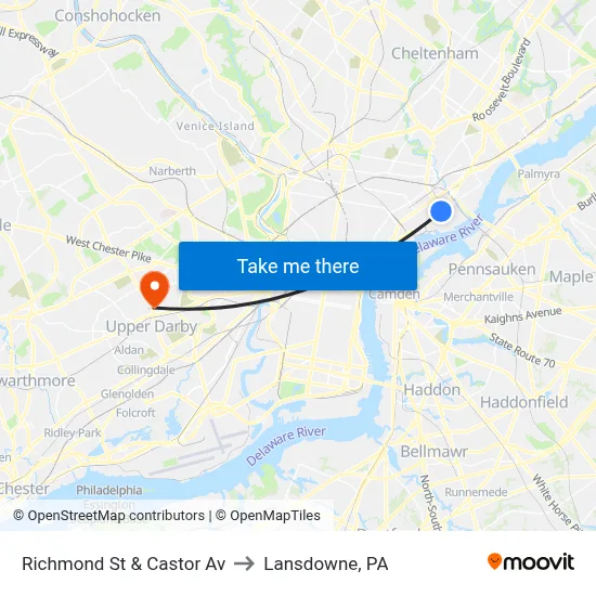 Richmond St & Castor Av to Lansdowne, PA map