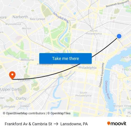Frankford Av & Cambria St to Lansdowne, PA map