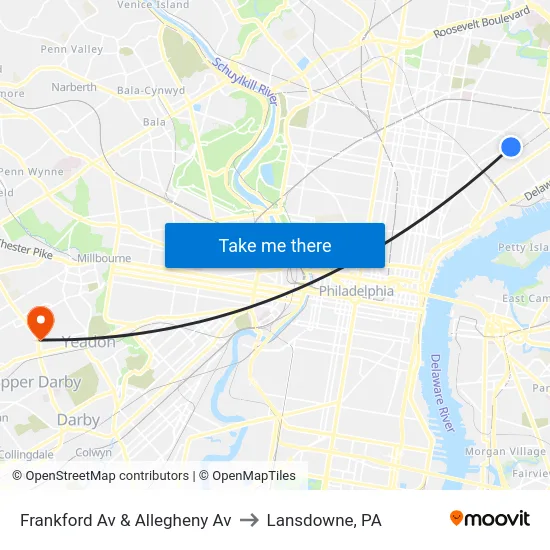 Frankford Av & Allegheny Av to Lansdowne, PA map