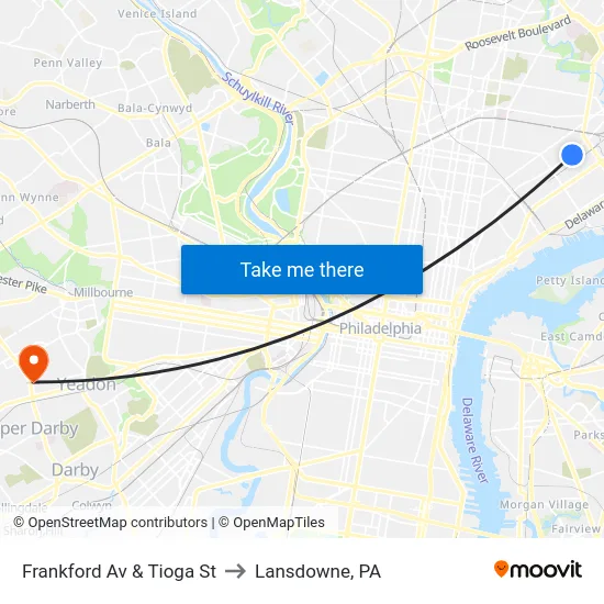 Frankford Av & Tioga St to Lansdowne, PA map