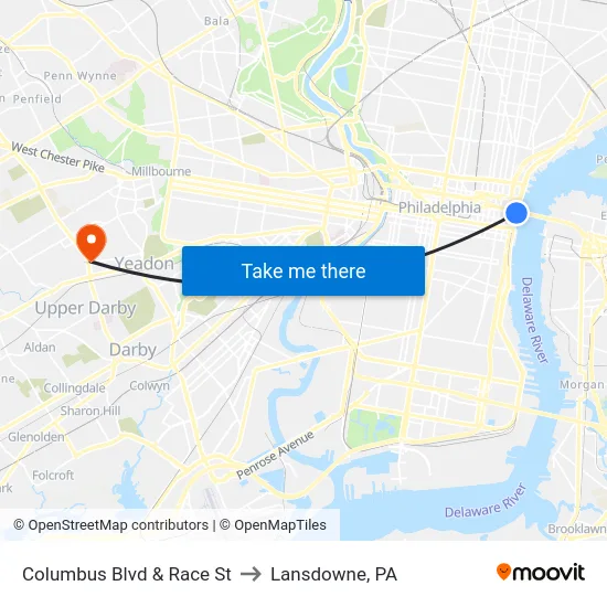 Columbus Blvd & Race St to Lansdowne, PA map