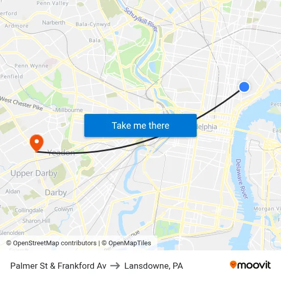 Palmer St & Frankford Av to Lansdowne, PA map