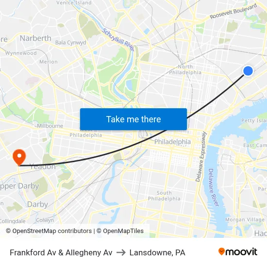 Frankford Av & Allegheny Av to Lansdowne, PA map
