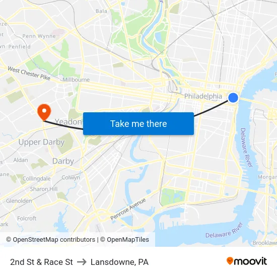 2nd St & Race St to Lansdowne, PA map