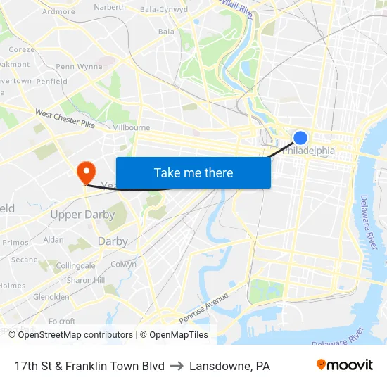 17th St & Franklin Town Blvd to Lansdowne, PA map