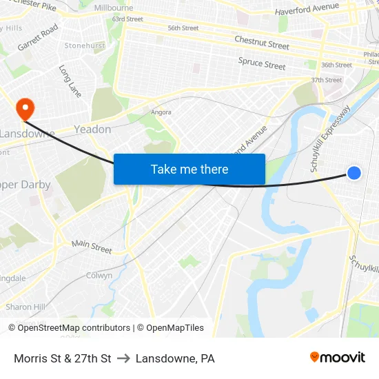 Morris St & 27th St to Lansdowne, PA map