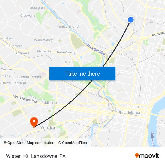 Wister to Lansdowne, PA map