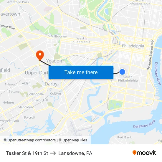 Tasker St & 19th St to Lansdowne, PA map