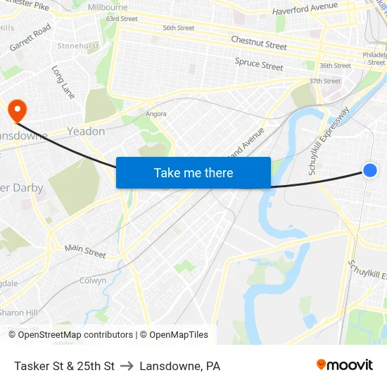 Tasker St & 25th St to Lansdowne, PA map
