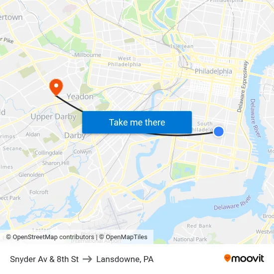 Snyder Av & 8th St to Lansdowne, PA map