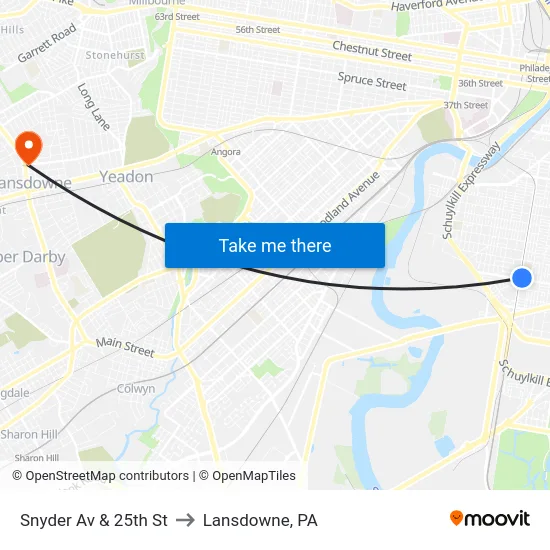 Snyder Av & 25th St to Lansdowne, PA map