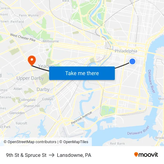 9th St & Spruce St to Lansdowne, PA map