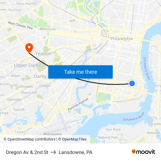 Oregon Av & 2nd St to Lansdowne, PA map