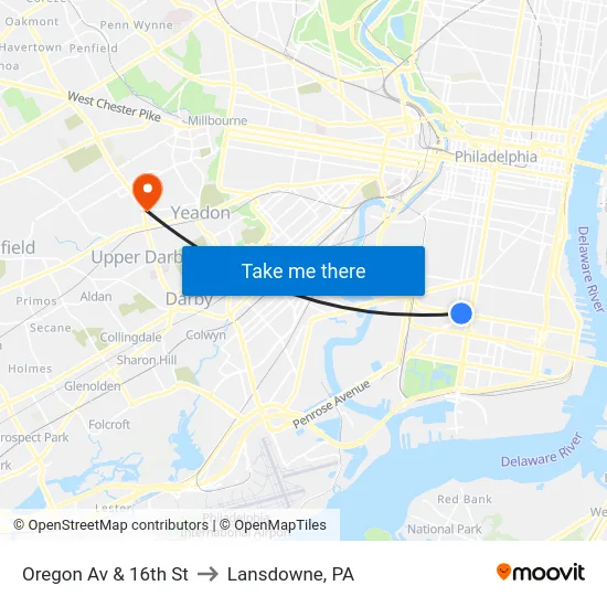 Oregon Av & 16th St to Lansdowne, PA map