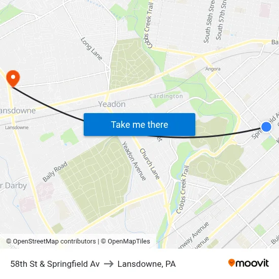 58th St & Springfield Av to Lansdowne, PA map
