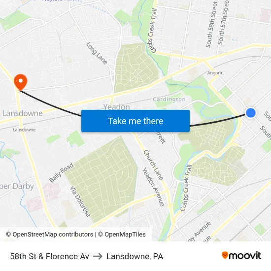58th St & Florence Av to Lansdowne, PA map