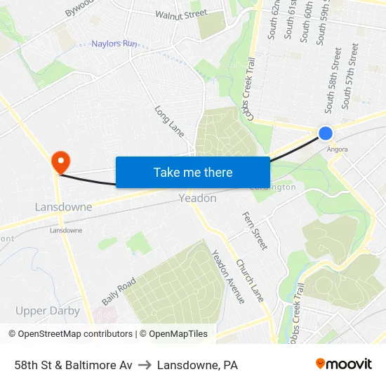 58th St & Baltimore Av to Lansdowne, PA map