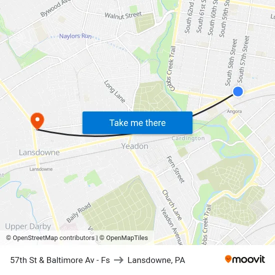 57th St & Baltimore Av - Fs to Lansdowne, PA map