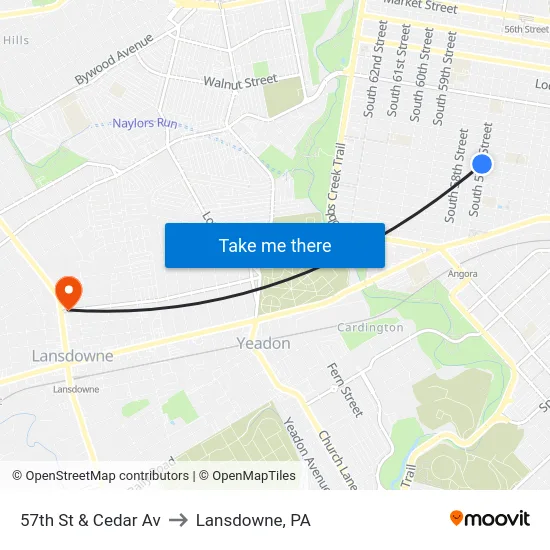 57th St & Cedar Av to Lansdowne, PA map