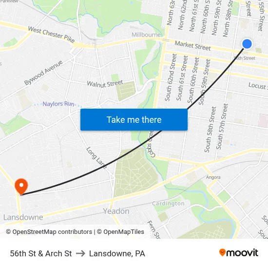 56th St & Arch St to Lansdowne, PA map