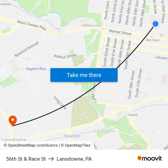 56th St & Race St to Lansdowne, PA map