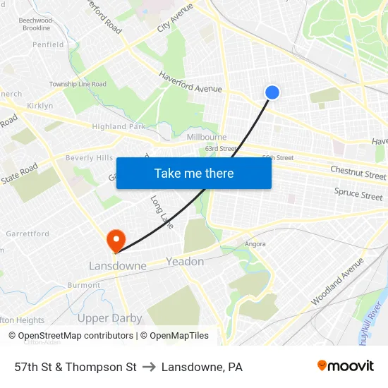 57th St & Thompson St to Lansdowne, PA map