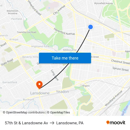 57th St & Lansdowne Av to Lansdowne, PA map