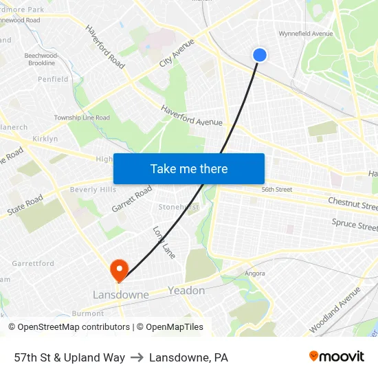 57th St & Upland Way to Lansdowne, PA map