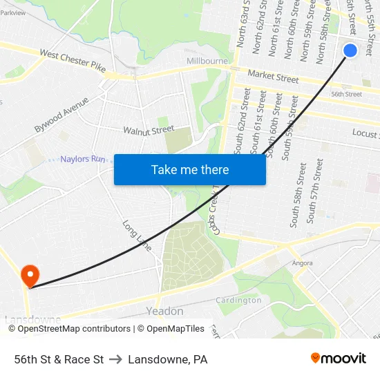 56th St & Race St to Lansdowne, PA map