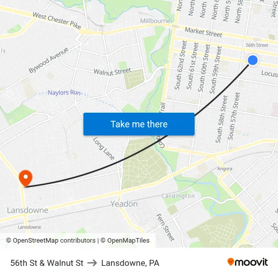 56th St & Walnut St to Lansdowne, PA map
